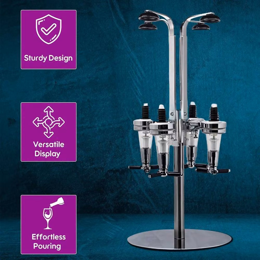 FLAVORA Silver Rotating 4 Bottle Metal Optic Drink Dispenser Stand – 3