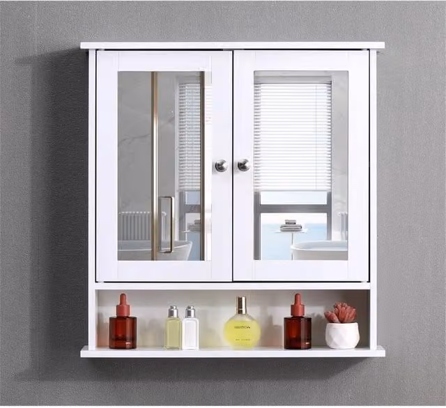 SPETLEK White Wall Mounted Bathroom Mirror Cabinet with Internal Shelves and Hinged Doors – 1