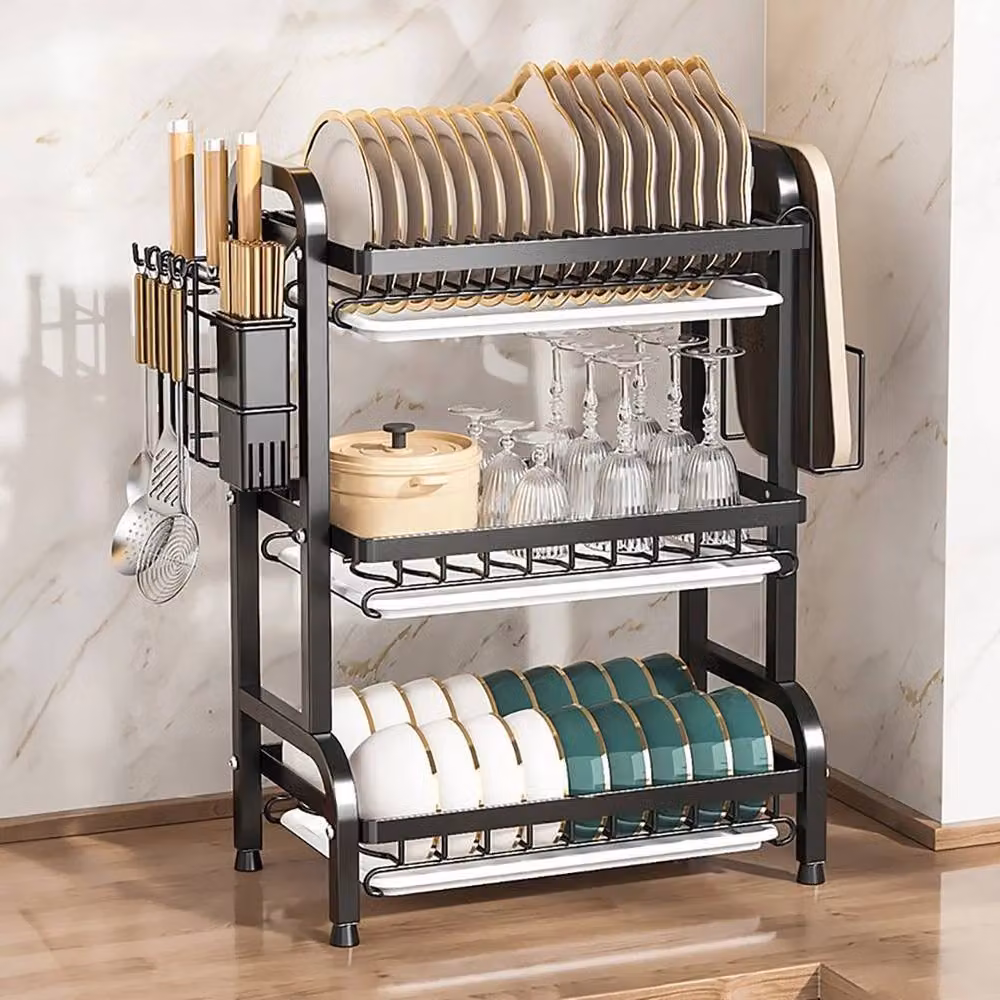KORVIXA 3 Tier Dish Drainer Rack with Cutlery Holder and Drip Tray in Black Coated Steel – 5