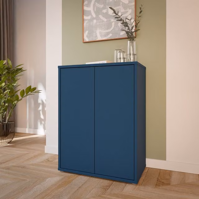 Furniture To Go Alice Springs Tall 2 Door Cabinet with Push-Open Doors in Light Grey and Night Blue