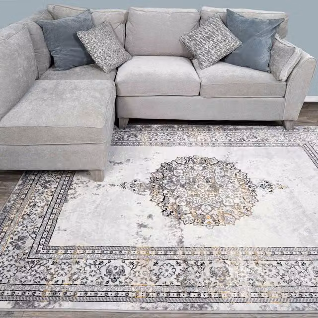 The Rug House Metallic Distressed Traditional Medallion Bordered Area Rug in Grey and Gold, W: 230 cm, D: 160 cm