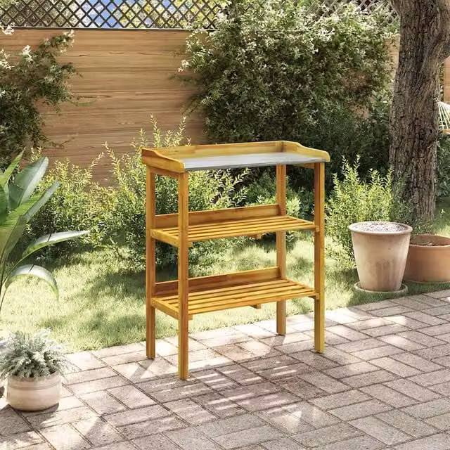 Berkfield Home Rustic Potting Bench with 2 Shelves, Solid Oiled Acacia Wood and Zinc, Brown – 1