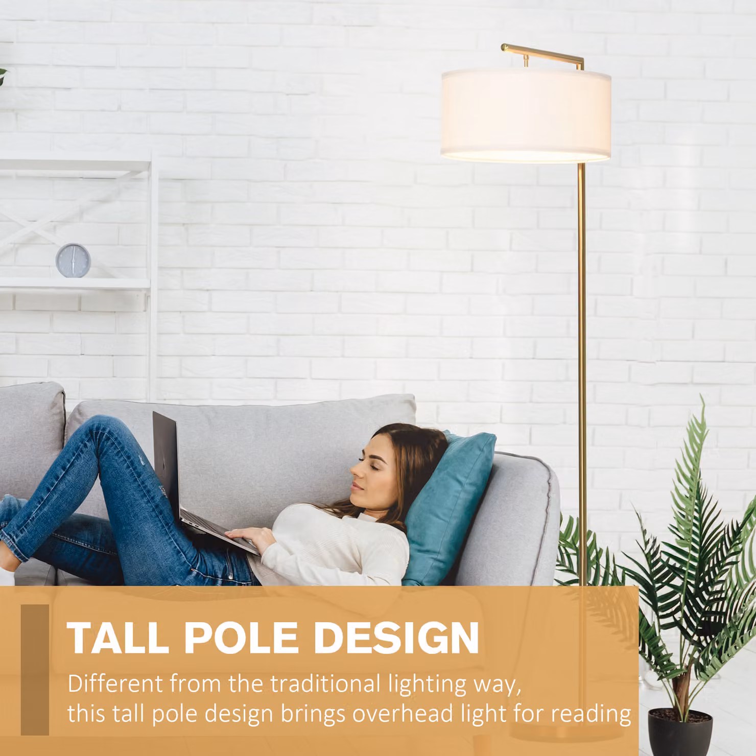 HOMCOM Modern Floor Standing Lamp with White Linen Lampshade and Gold Round Base – 3