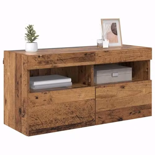vidaXL Modern Wall-Mounted TV Cabinet in Brown with Integrated Lighting and Internal Shelves, W/D/H: 80 x 40 x 40 cm – 1