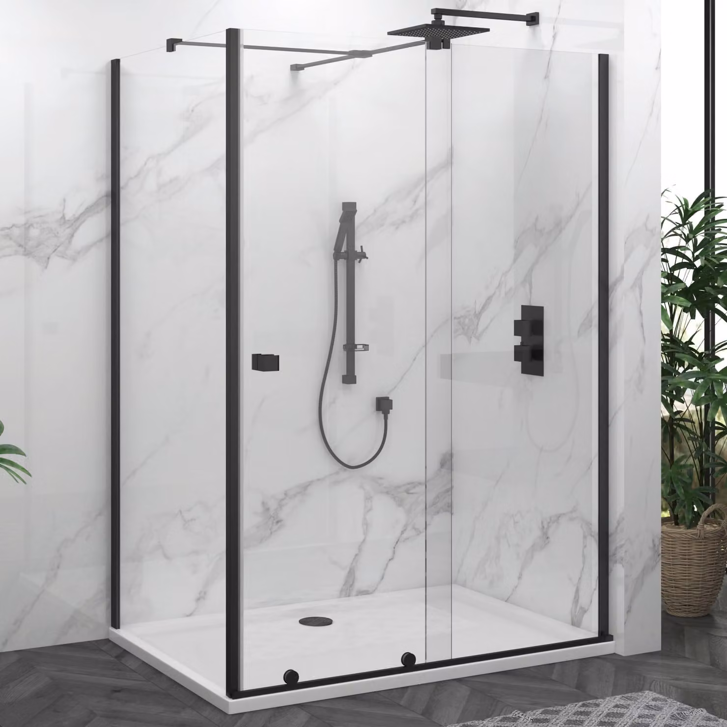 Royal Bathrooms Luton Wet Room Sliding Shower Screen Enclosure with Tray, Matt Black, H: 195 cm, W: 140 cm, D: 76 cm