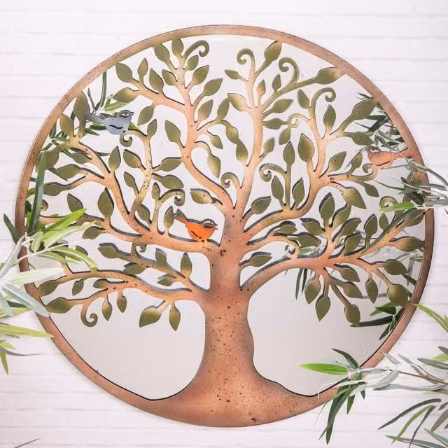 Annibells Mirrored Tree of Life Round Metal and Glass Wall Plaque Sculpture in Brown