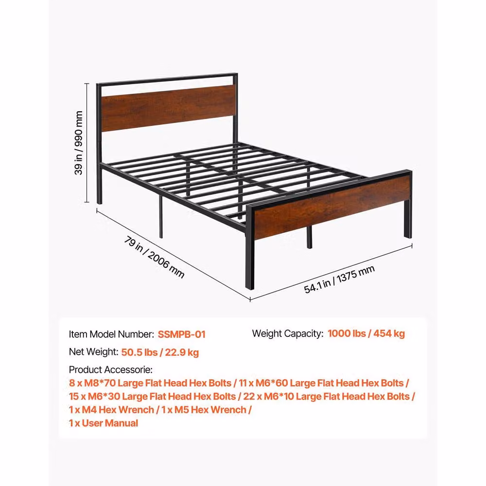 VEVOR Sturdy Bed Frame with Retro Wooden Headboard and Storage Drawers in Black and Brown, 140 x 200 cm – 2