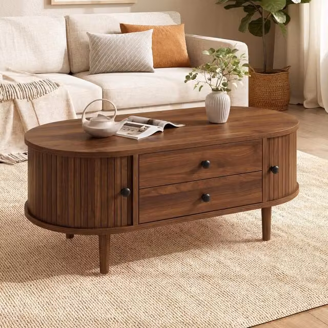 Aosom UK Oval Coffee Table with Sliding Doors and 2 Drawers in Walnut Brown, W: 100 cm, D: 50 cm, H: 40 cm – 1