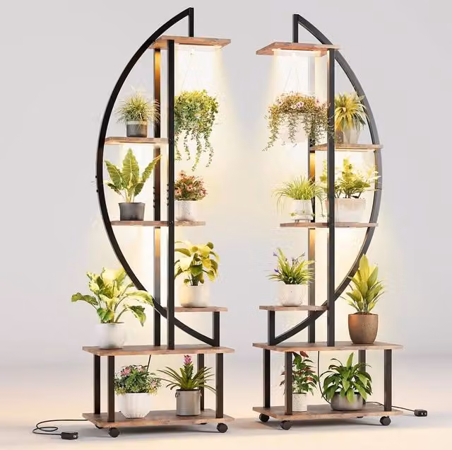 London Boutique 6-Tier Rolling Plant Stand with LED Grow Lights in Brown