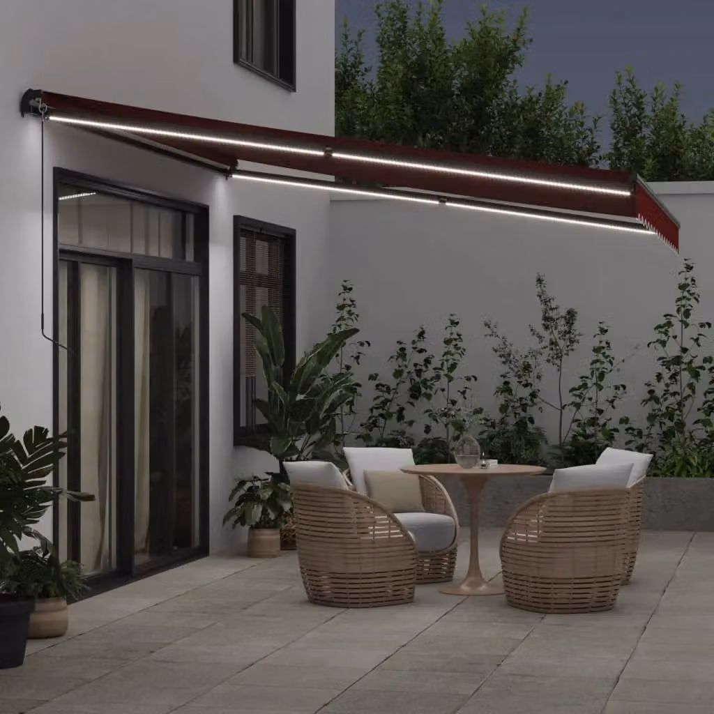 Berkfield Home Manual Retractable Awning with LEDs in Burgundy and Black, W: 400 cm, D: 300 cm – 3