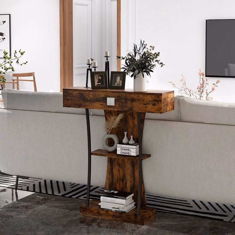 EONLION T-Shaped Industrial Console Table in Brown – 4