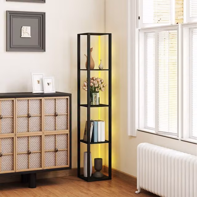 HOMCOM RGB LED Floor Lamp with Shelves and Remote Control in Black
