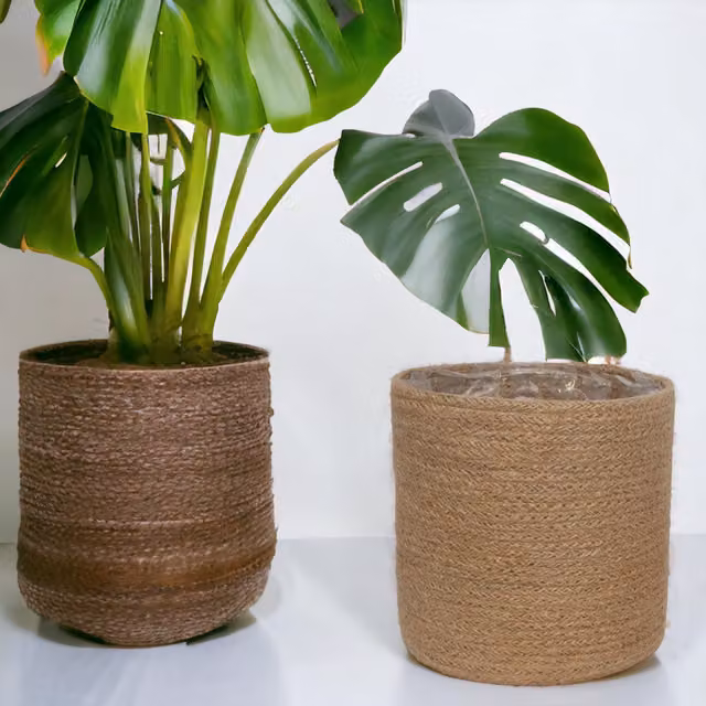 Kingsbury Gifts Natural Jute Round Tabletop Basket Planter, Brown, Diameter: 20 cm