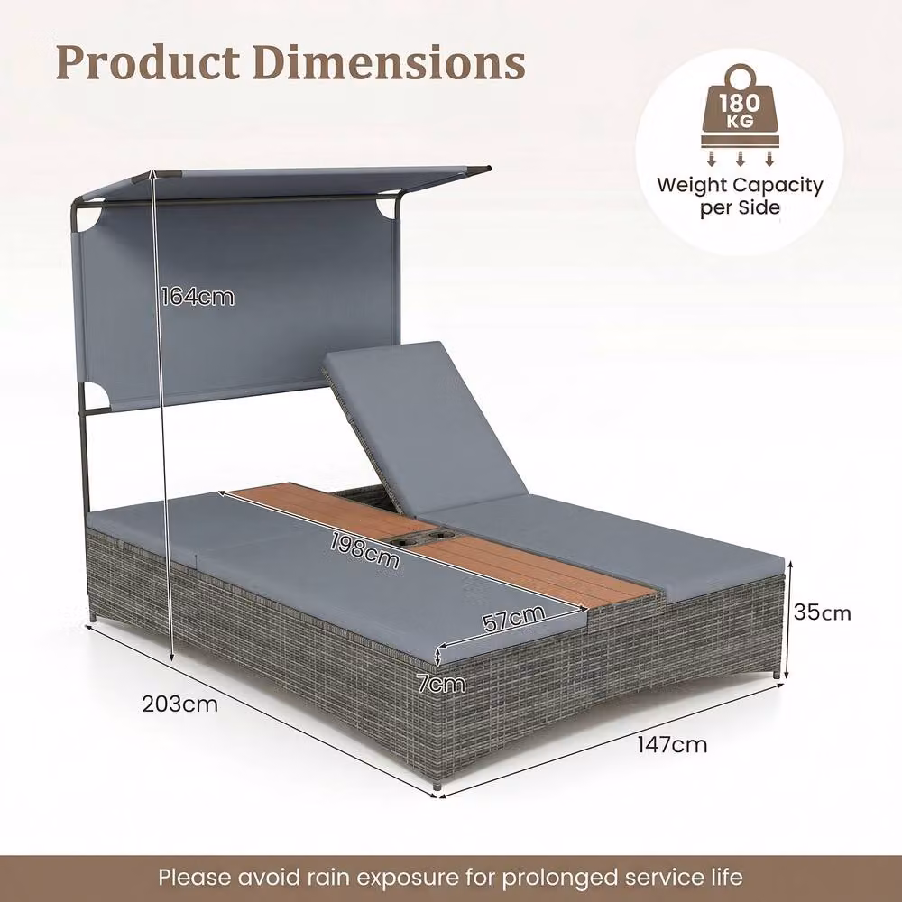 Costway 2-Person Grey Polyrattan Sun Lounger with Canopy, Central Table and Cup Holders – 2