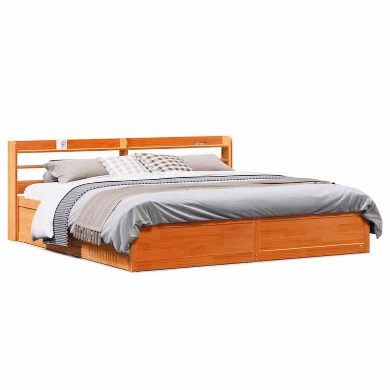Berkfield Home Sleek Bed Frame with Headboard in Wax Brown Solid Pine Wood W/D/H: 200 x 200 x 82 cm