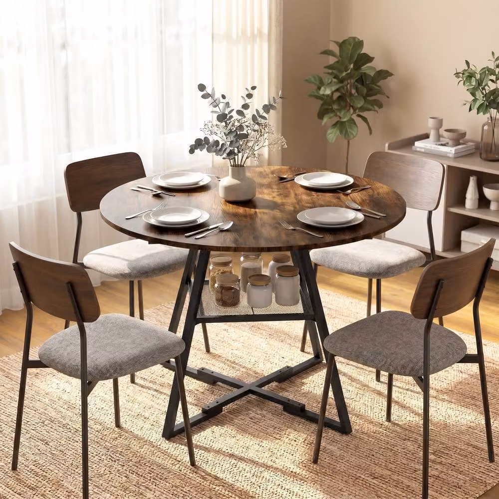 STILVORA Round Industrial Dining Table for 4 with Storage Shelf in Brown and Black – 2
