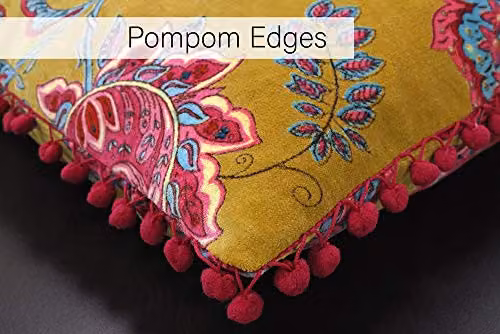 Riva Home Malisa Square Paisley Print Cushion in Yellow and Pink with Pompom Edges, W/D/H: 50 x 50 x 50 cm – 4