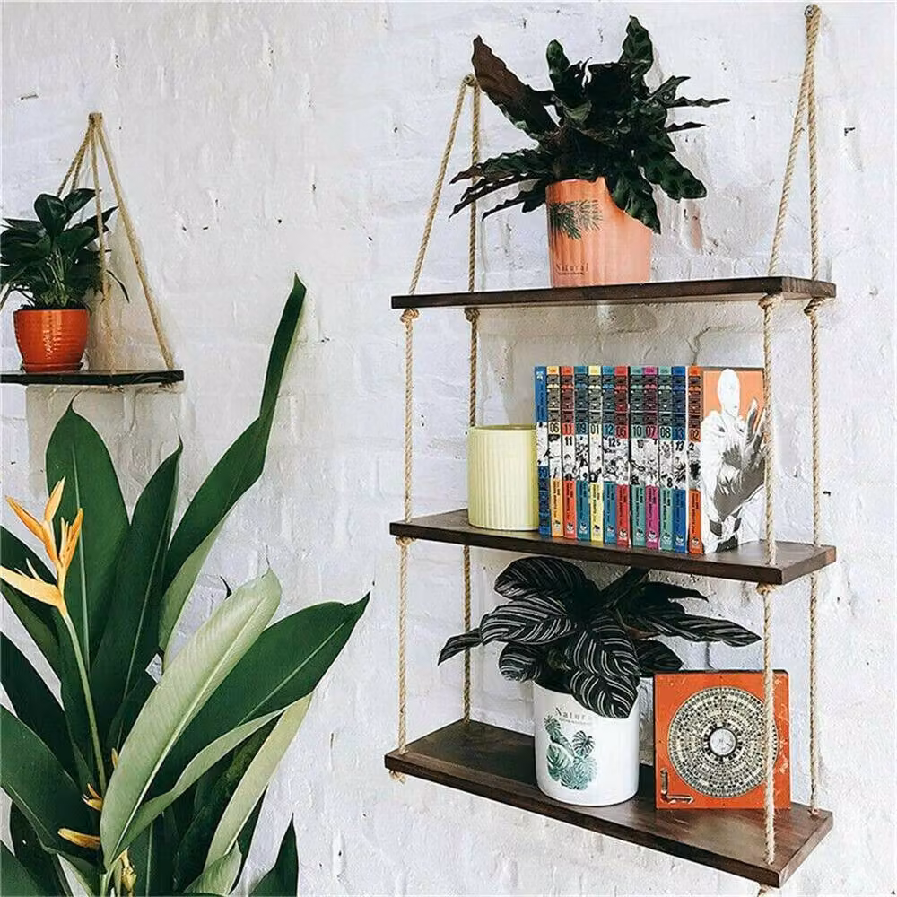 FLAVORA Rustic Brown Wood Rope Hanging Floating Wall Shelves – 4