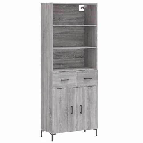 vidaXL Modern Grey Sonoma Highboard with Hinged Doors and Internal Shelves, W/D/H: 69.5 x 34 x 180 cm