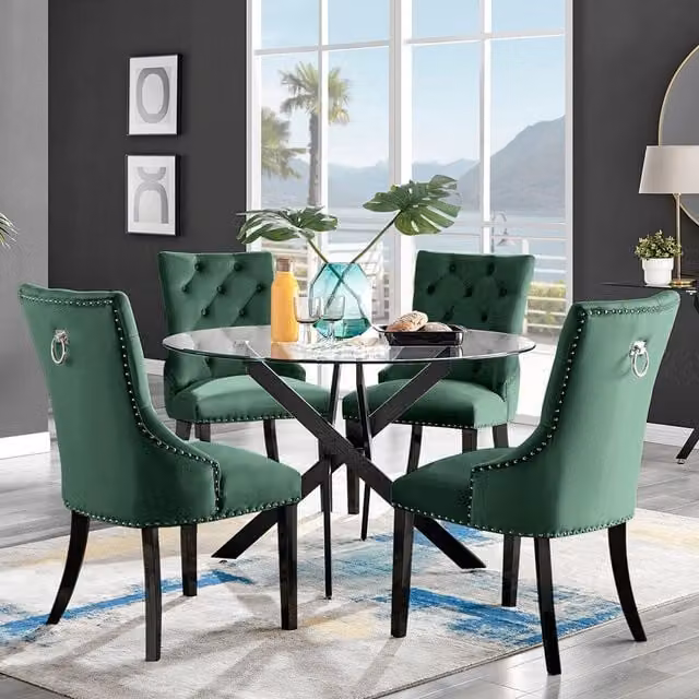 FurnitureboxUK Novara Round Glass Dining Table with 4 Belgravia Black Leg Chairs, Green