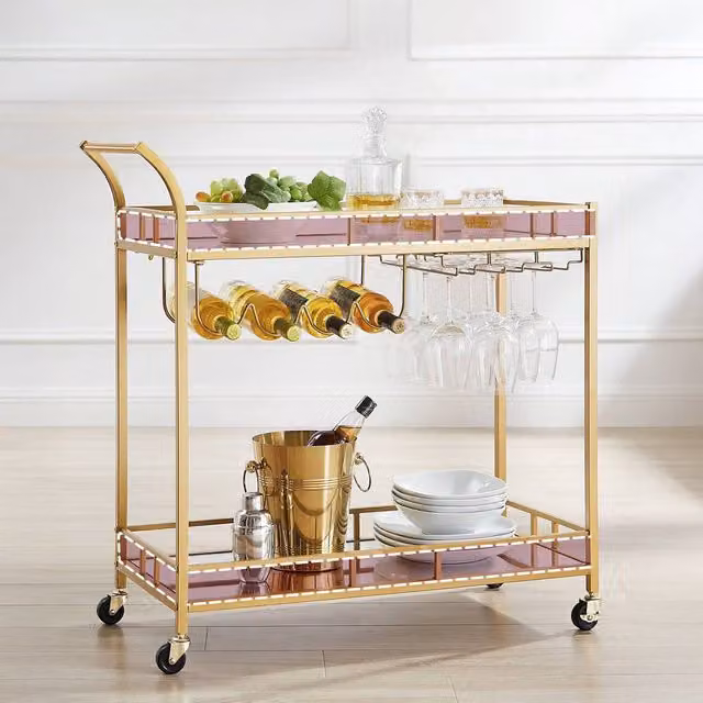 VASAGLE Drinks Serving Trolley Cart with Glass Shelves and Castors, Gold, W/D/H: 38 x 38 x 90 cm