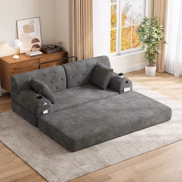 Matteo 2-Seater Sleeper Sofa in Grey Corduroy with Cup Holders and Metal Frame – 1