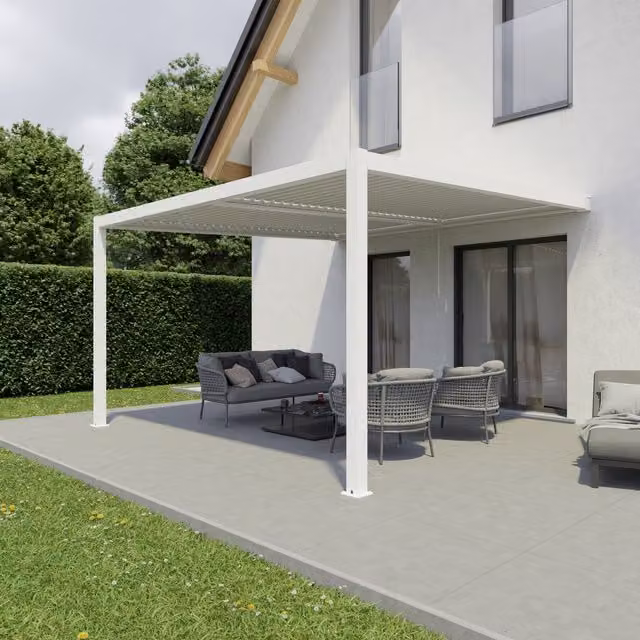 Agadon White Aluminium Wall Mounted Lean-to Pergola Shading System W/D/H: 400 x 400 x 400 cm
