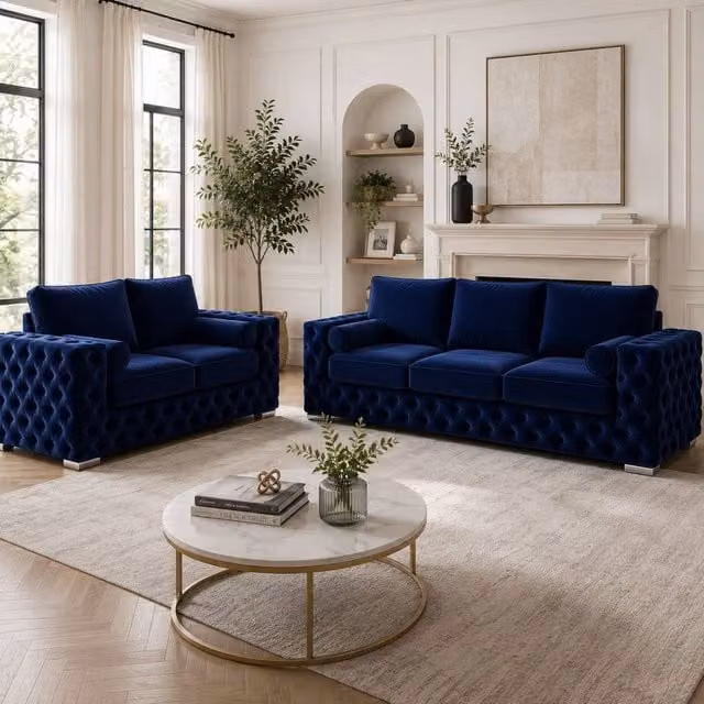 Stratus Interiors Ashley Full Back Chesterfield Upholstered Fabric 2 and 3 Seater Sofa Set in Navy Blue – 1