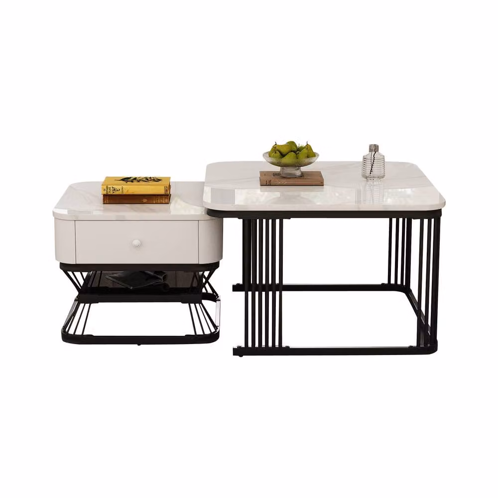 BTM Nesting Coffee Table Set with Marble Effect and Drawer Storage in White and Black – 2