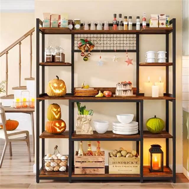 Kelvenix Vintage Bakers Rack and Coffee Bar Kitchen Storage Organizer in Brown