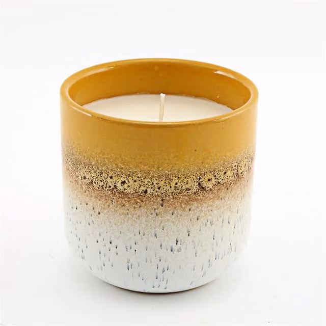 KDMK Modern Abstract Yellow Ceramic Reactive Glaze Candle Holder, Diameter: 9 cm