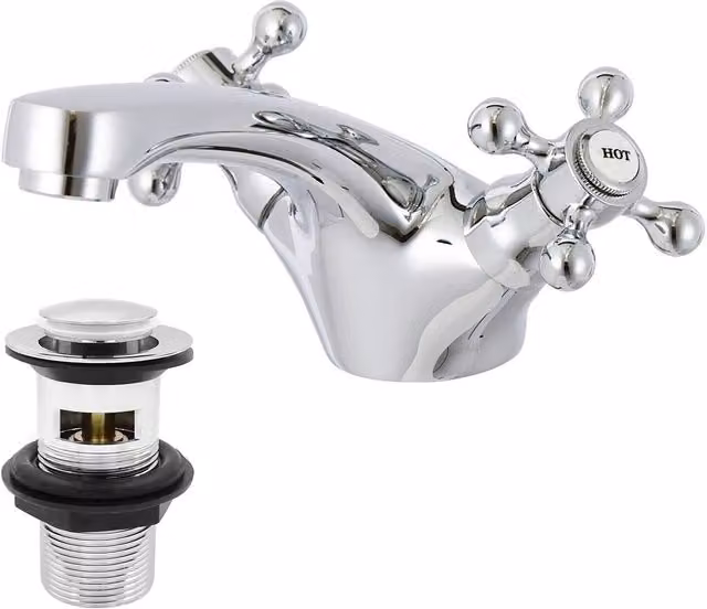 BATHWEST Silver Chrome Brass Basin Sink Mixer Tap with Twin Cross Handles and Pop Up Waste