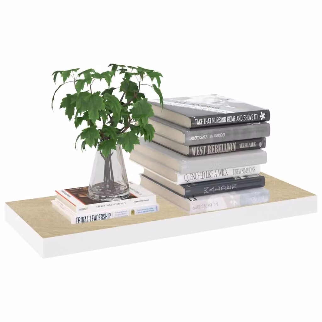 Berkfield Home Set of 4 Floating Wall Shelves in Oak and White, W: 60 cm, D: 23.5 cm, H: 3.8 cm – 2