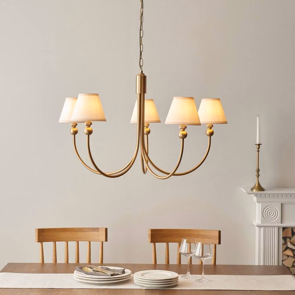 Netlighting Santiago Pendant Light with White Fabric Ivy Shade and Brass Details, Height Adjustable, 5 x B22 – 2