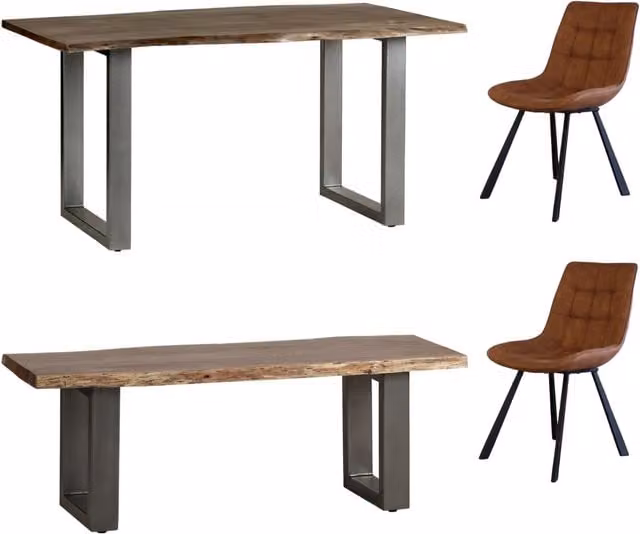 IH Design Essential Medium Dining Set with 1.5m Rectangular Acacia Wood Table, 2 Chairs and 1 Bench in Grey and Brown