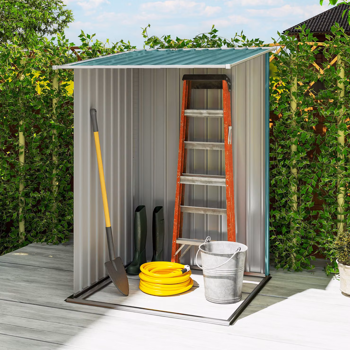 Outsunny Green Galvanised Steel Lean To Garden Shed with Locking Single Door, W/D/H: 100.58 x 100.58 x 142 cm – 4