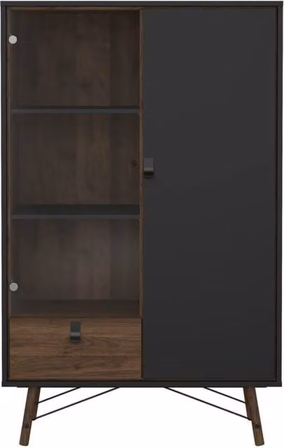 CALICOSY Joyce 2-Door Display Cabinet with Glass Door and Drawer in Walnut, H 161.8 cm x W 40.1 cm x D 66.6 cm – 1