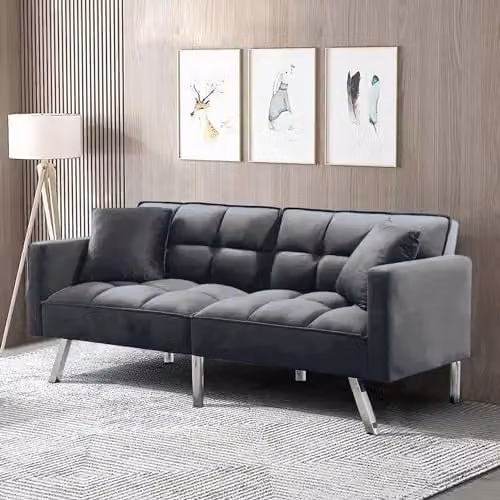 KOSY KOALA 2 Seater Grey Velvet Click Clack Sofa Bed with Metal Legs and 2 Scatter Cushions
