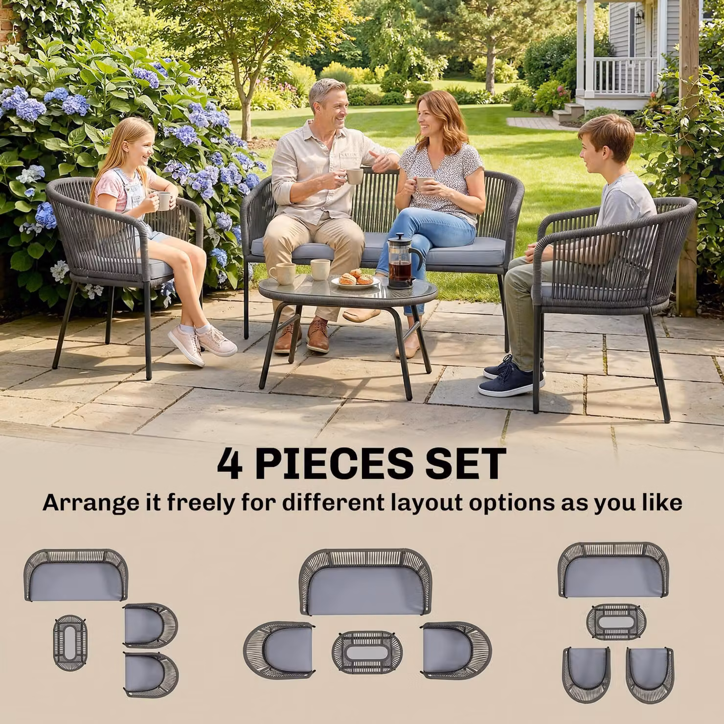 Outsunny 4 Piece Garden Furniture Set in Dark Grey with Rope Sofa, Loveseat, Chairs and Tempered Glass Table – 3