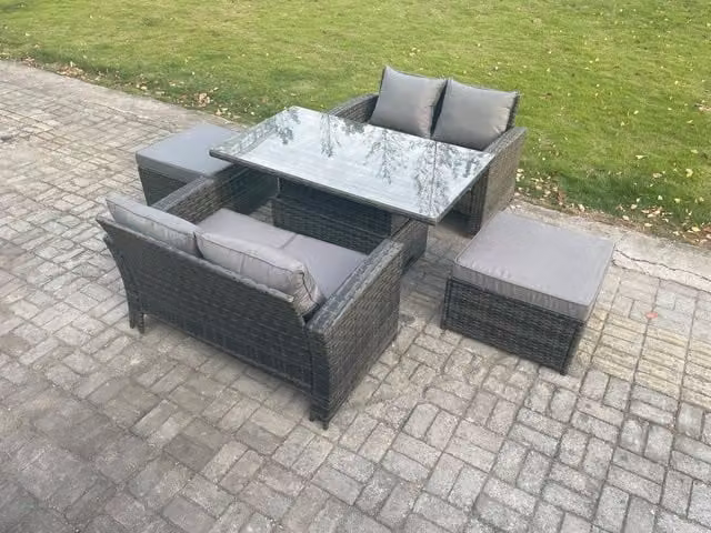Fimous 5 Piece Grey Poly Rattan Garden Furniture Set with Height Adjustable Lifting Table and 2 Footstools