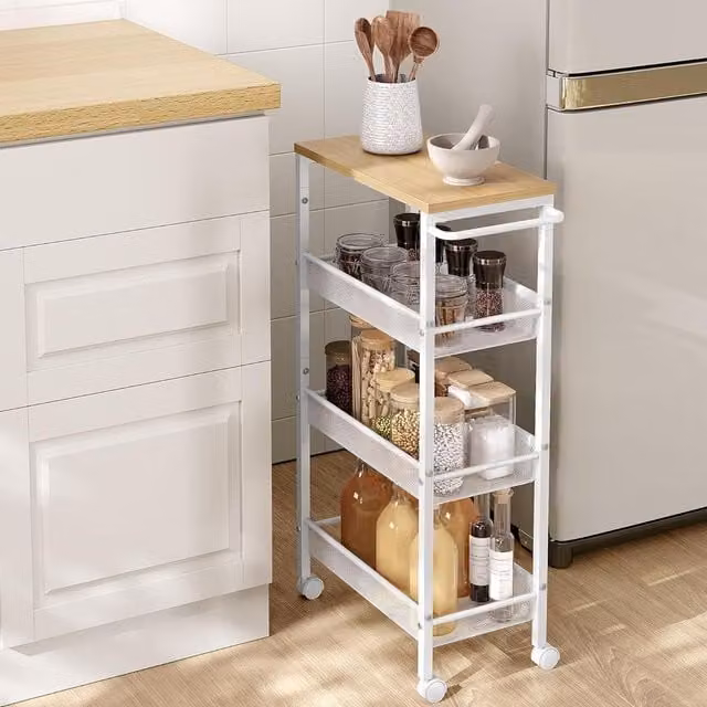 VASAGLE 4-Shelf Rolling Kitchen Cart with Castors and Handle in White – 1