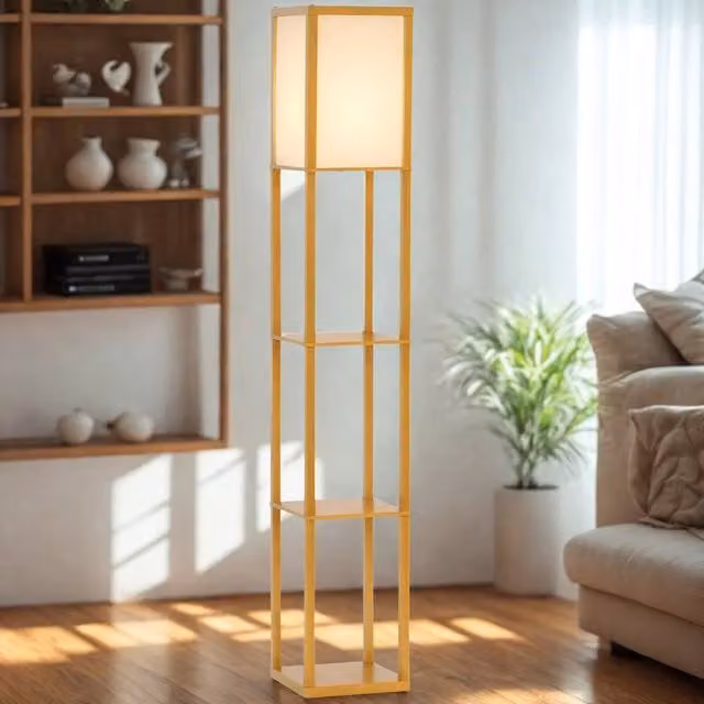 FURNOS Modern Dimmable Floor Lamp with 3 Beech Wood Shelves in Brown