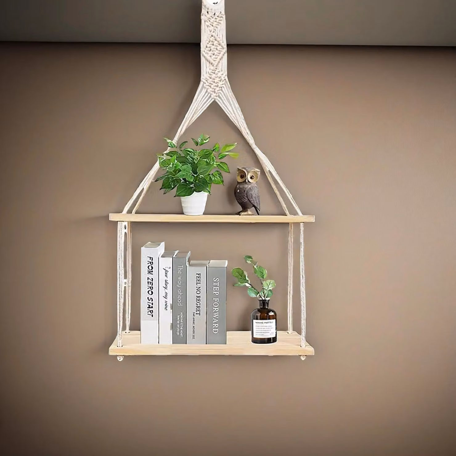 Pirlo Plush 2 Tier Hanging Wall Mounted Shelves with Rope Detail in Sand – 2