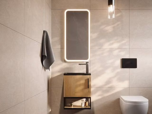 Vente-unique Wall-Mounted Glossy Light Washstand with Black Basin and LED Lighting, Width: 40 cm
