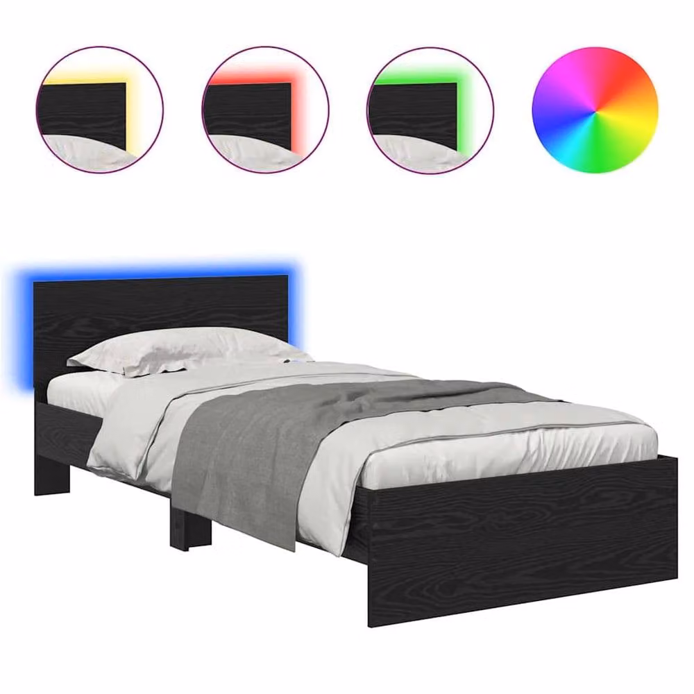 Berkfield Home Modern Bed Frame with Headboard in Black Oak, W/D/H: 90 x 190 cm, Engineered Wood – 2