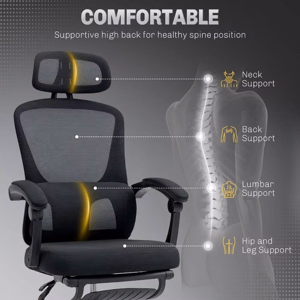 Rolipo Ergonomic Reclining Mesh Executive Office Chair with Headrest and Footrest in Black – 6