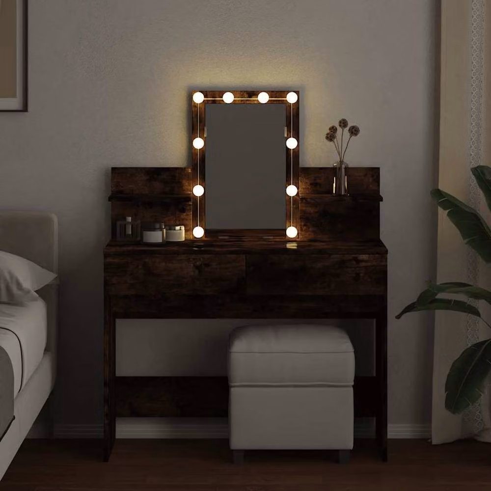 Berkfield Home Hollywood LED Dressing Table in Smoked Oak Brown, W: 100 cm, D: 40 cm, H: 130 cm – 3