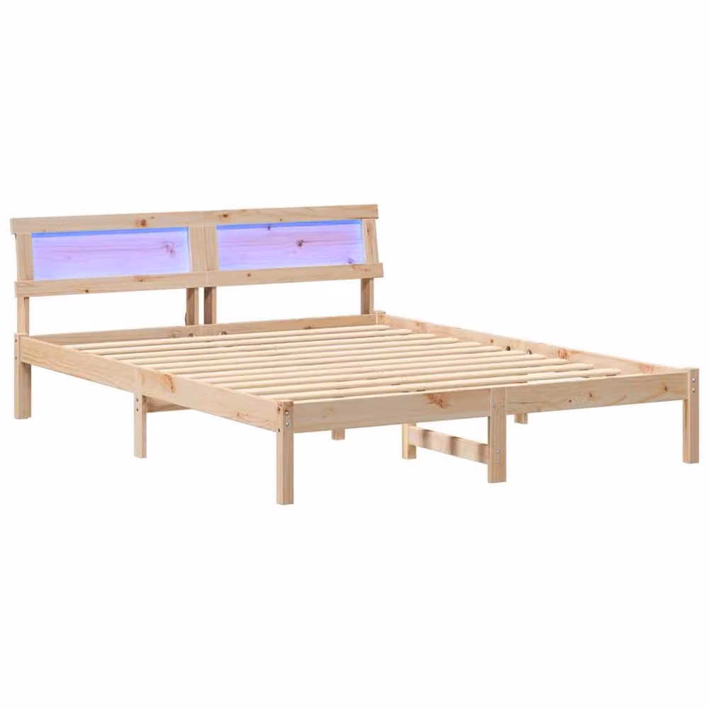 Berkfield Home Modern Solid Wood Bed with LED Strip Lights and Headboard in Natural Brown, W/D/H: 140 x 200 cm – 2