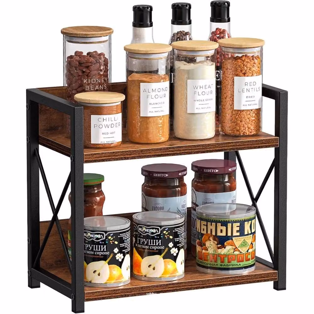 Nordara 2 Tier Rustic Brown Wood Coffee Bar Accessories Organiser and Kitchen Counter Shelf – 5