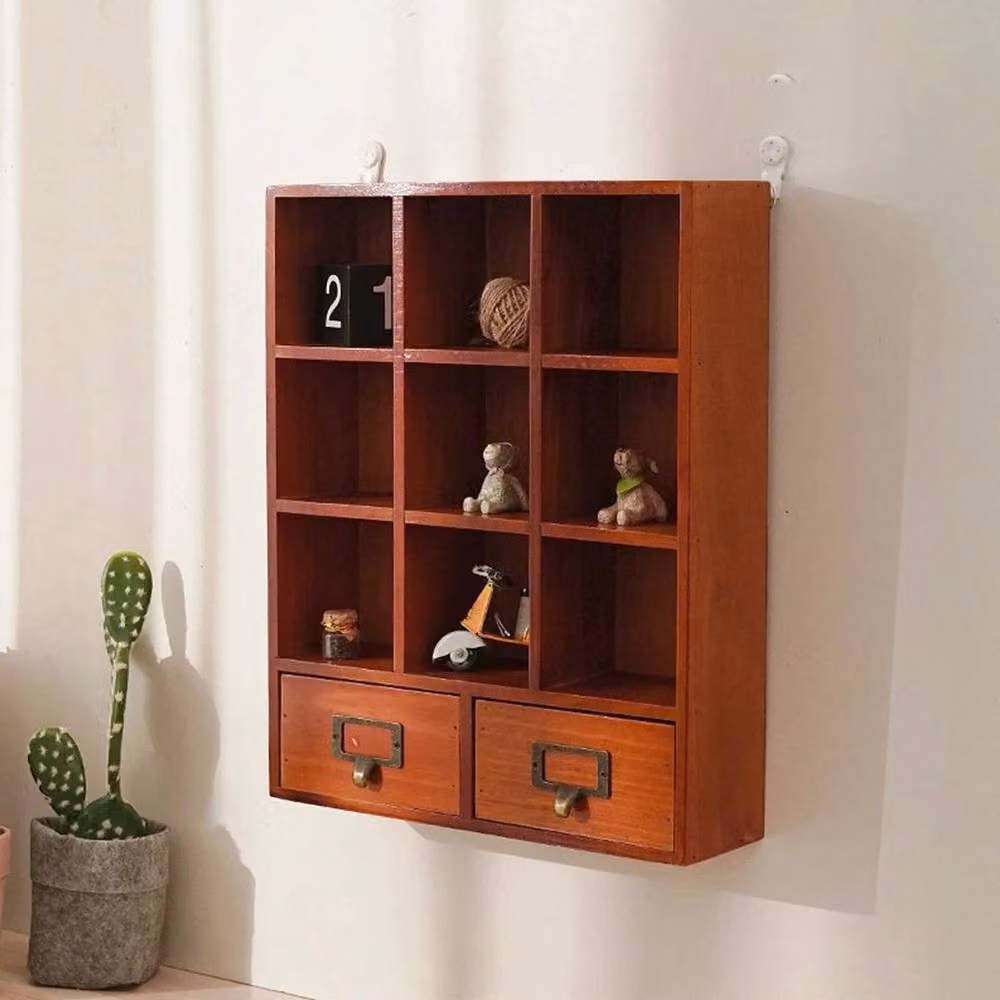Kelvenix Brown Wooden Desktop Storage Organizer with 9 Cubbies and 2 Drawers – 4
